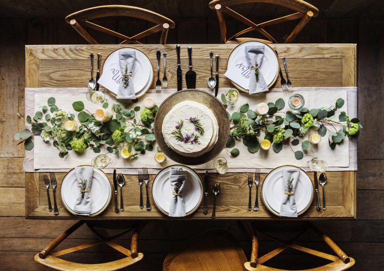 Long tables dressed for dinner